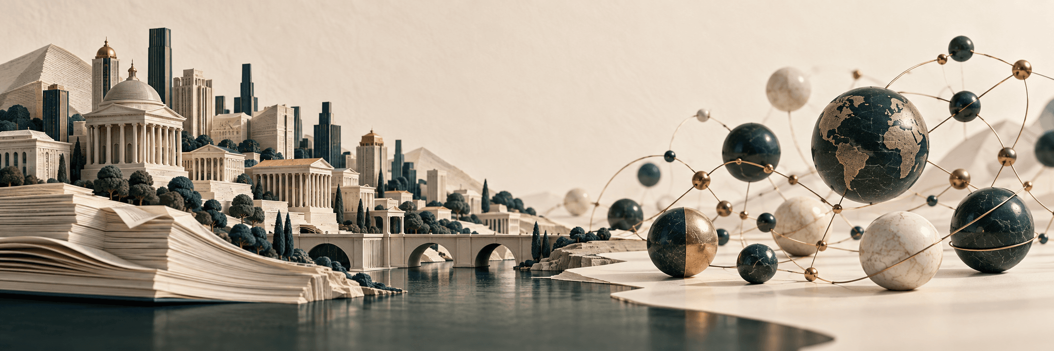 Conceptual paper city connected to a sculptural network of spheres, representing public disclosures and private-company research.