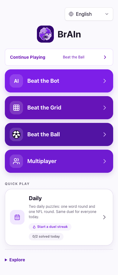 Latest BrAIn home design with purple Beat the Bot, Beat the Grid, Beat the Ball, and Multiplayer cards and a Daily challenge panel