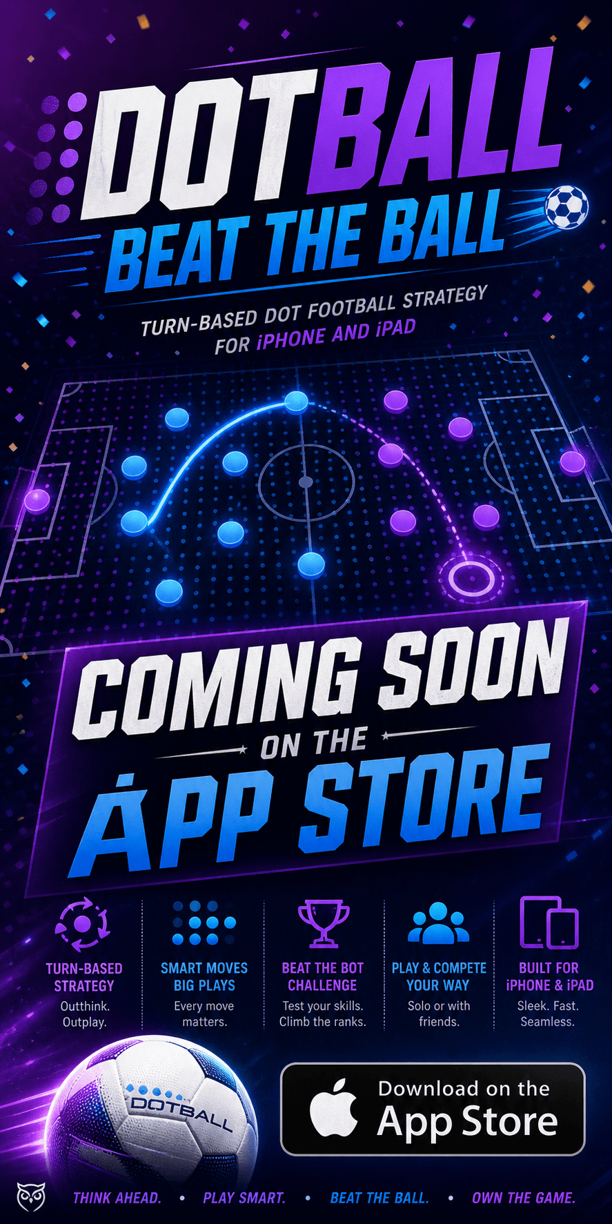 Dotball Beat The Ball coming soon App Store poster with purple and blue soccer strategy artwork.