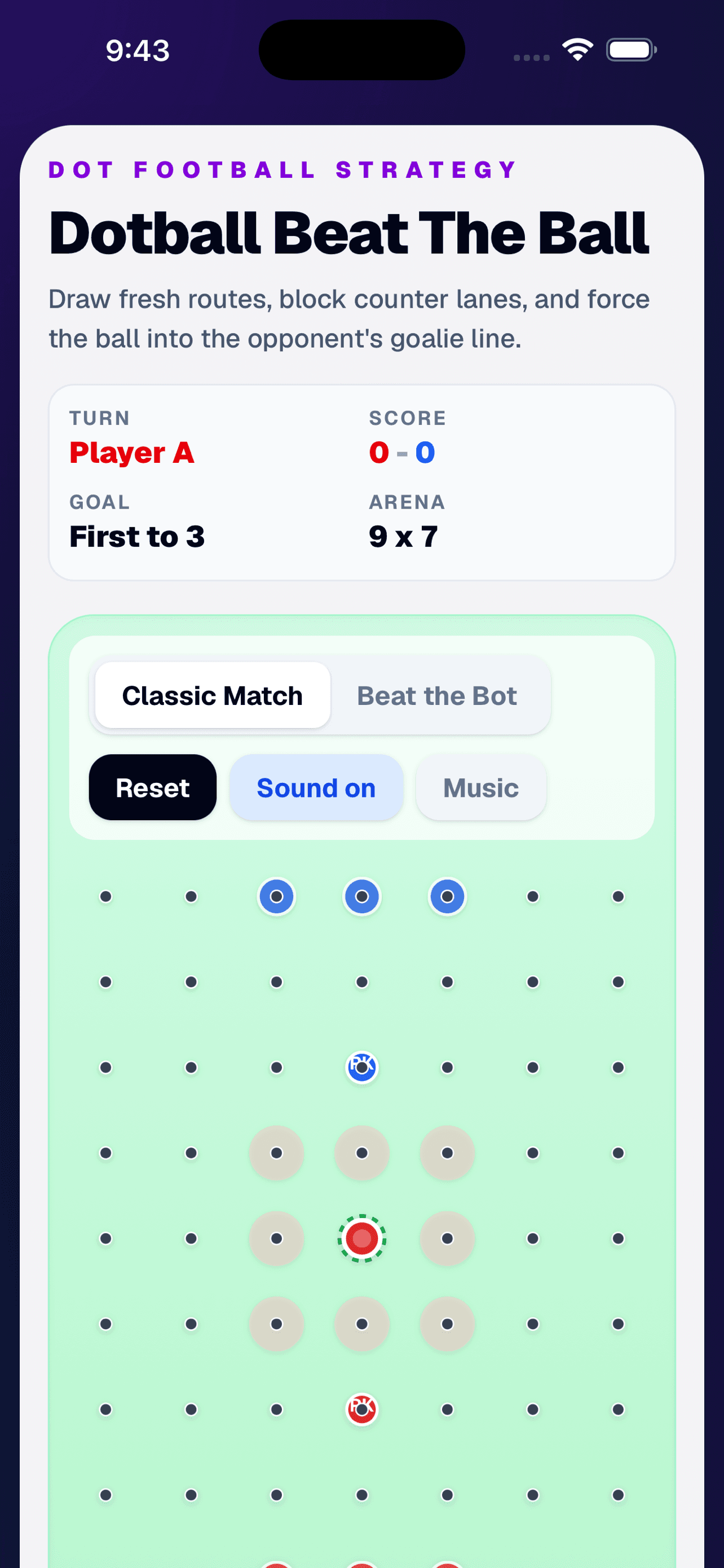Dotball Beat The Ball running on iPhone with the tactical dot grid and classic mode selected.