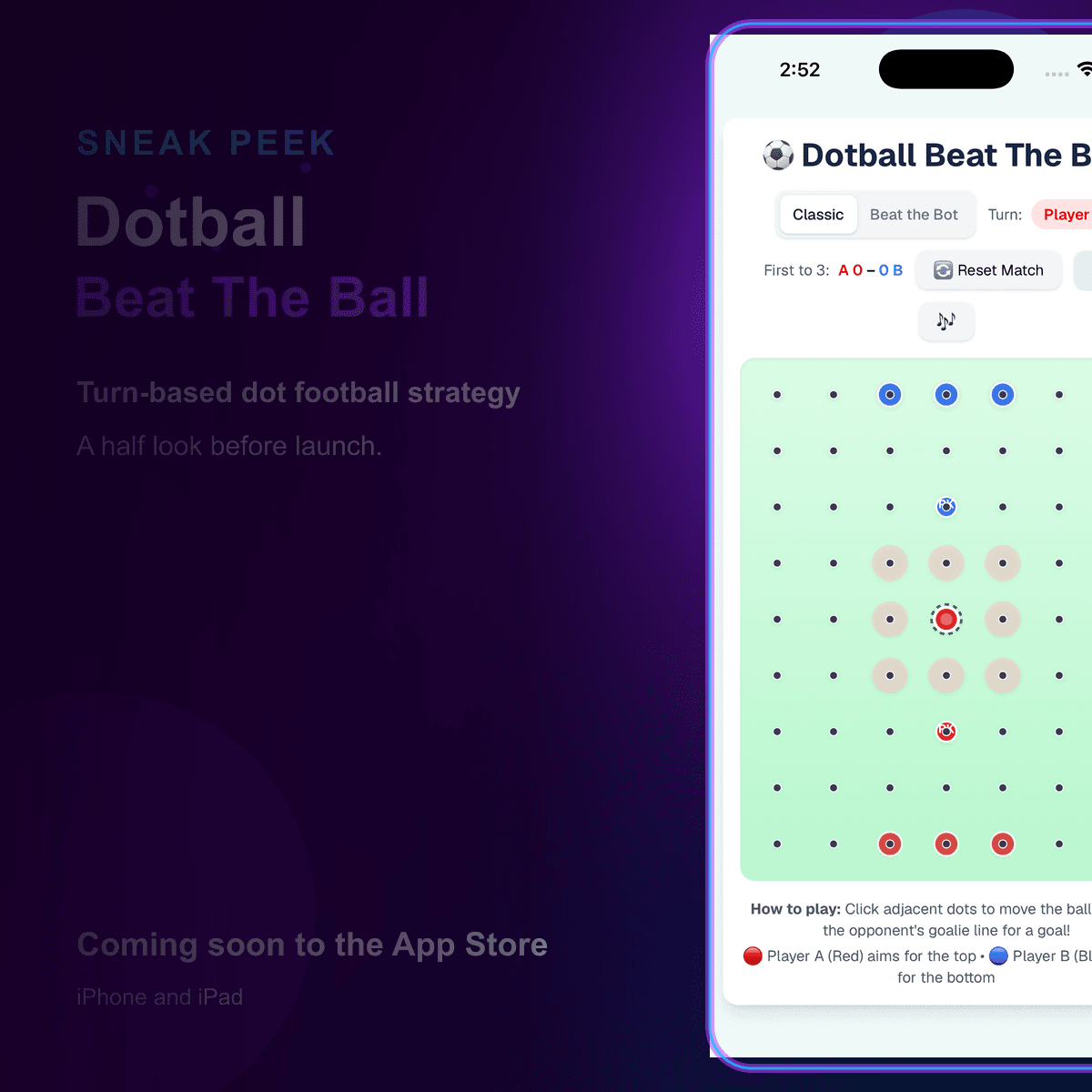 Dotball Beat The Ball sneak peek graphic with the game board half revealed.