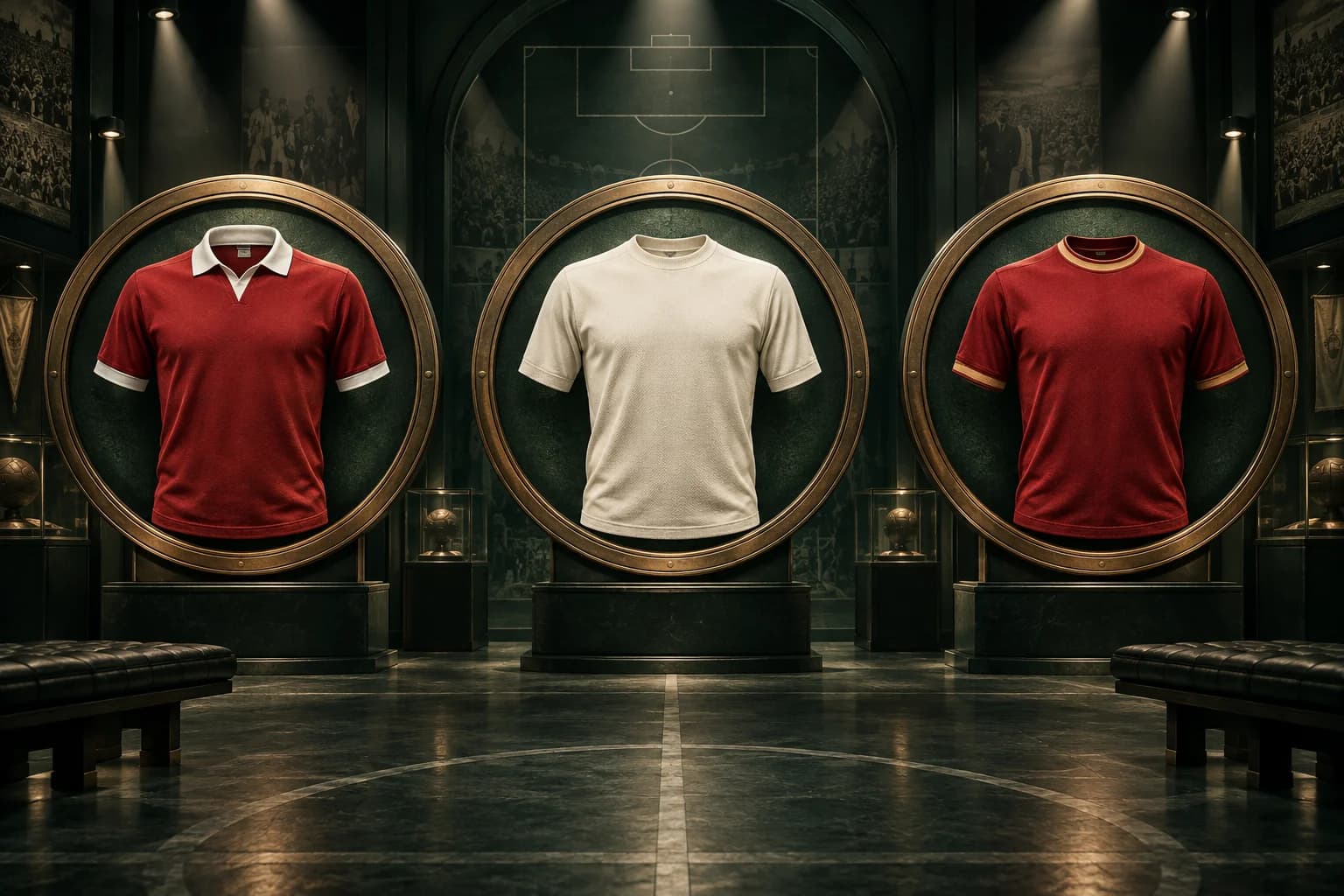 Original illustration of three unbranded football jerseys in bronze frames in an imagined museum gallery