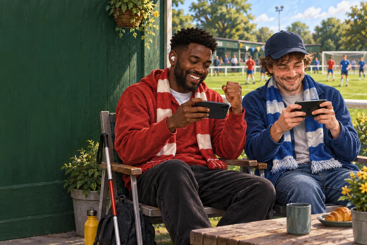 Illustration of two friends enjoying a phone game beside a football pitch. One uses an earbud, with a mobility cane beside his chair; both play independently.