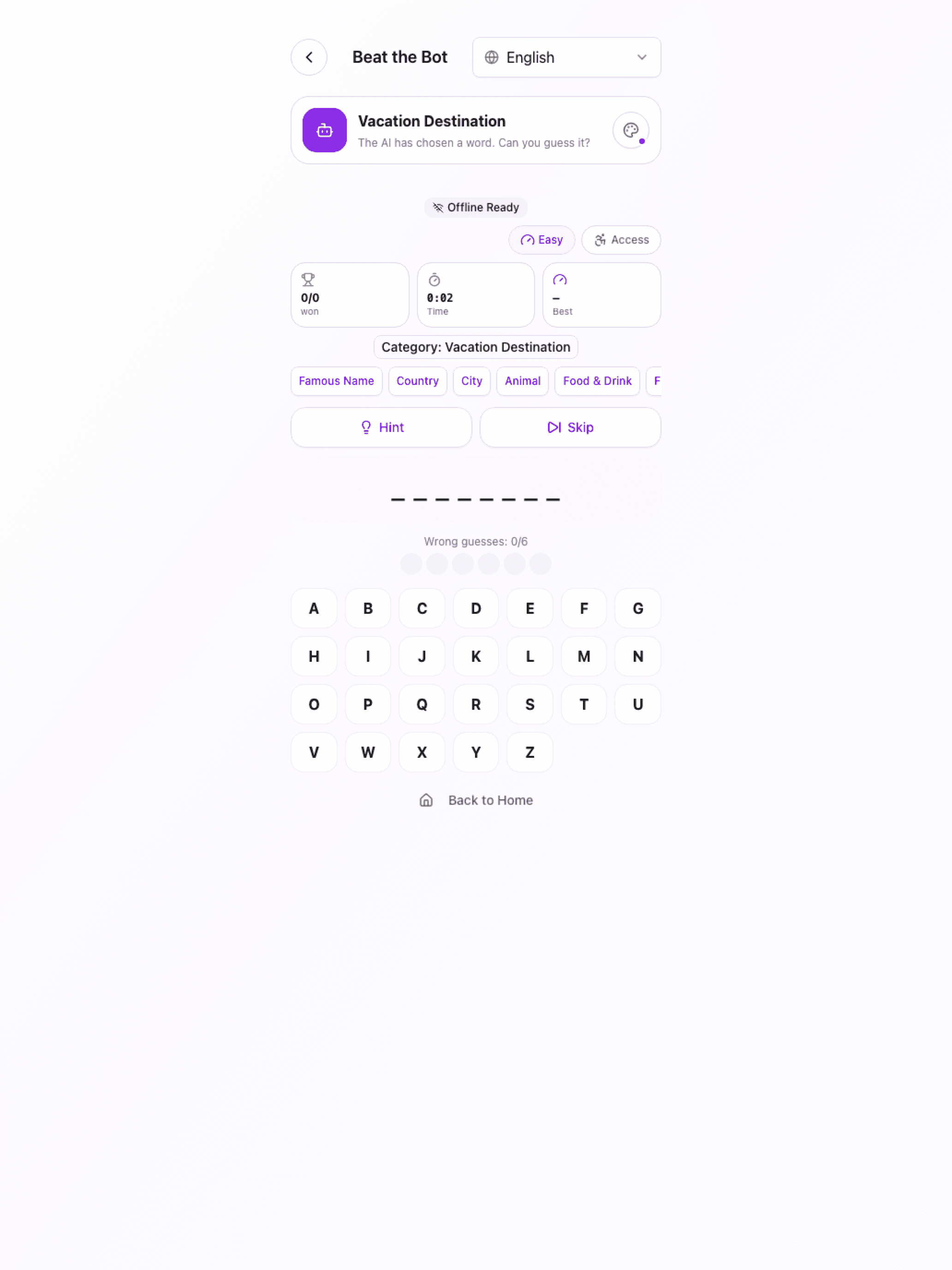 BrAIn Beat the Bot word challenge adapted for the larger iPad display.
