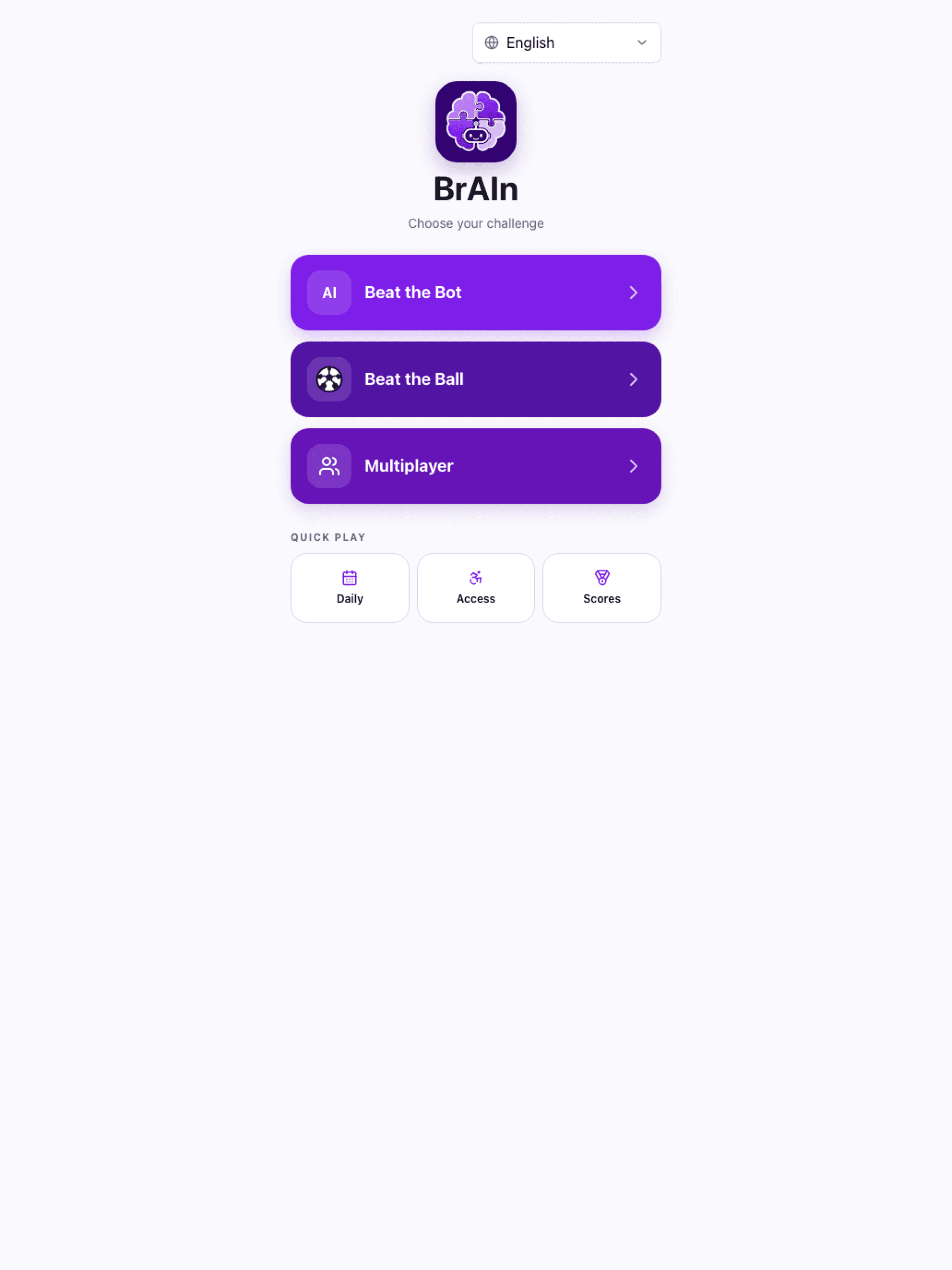 BrAIn Beat the Bot home screen on iPad with its three primary game modes.