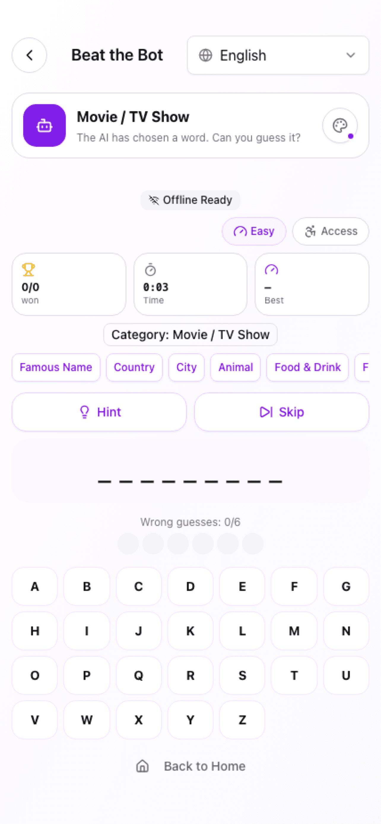 BrAIn Beat the Bot word challenge on iPhone with categories, hints, skips, and a large letter keyboard.