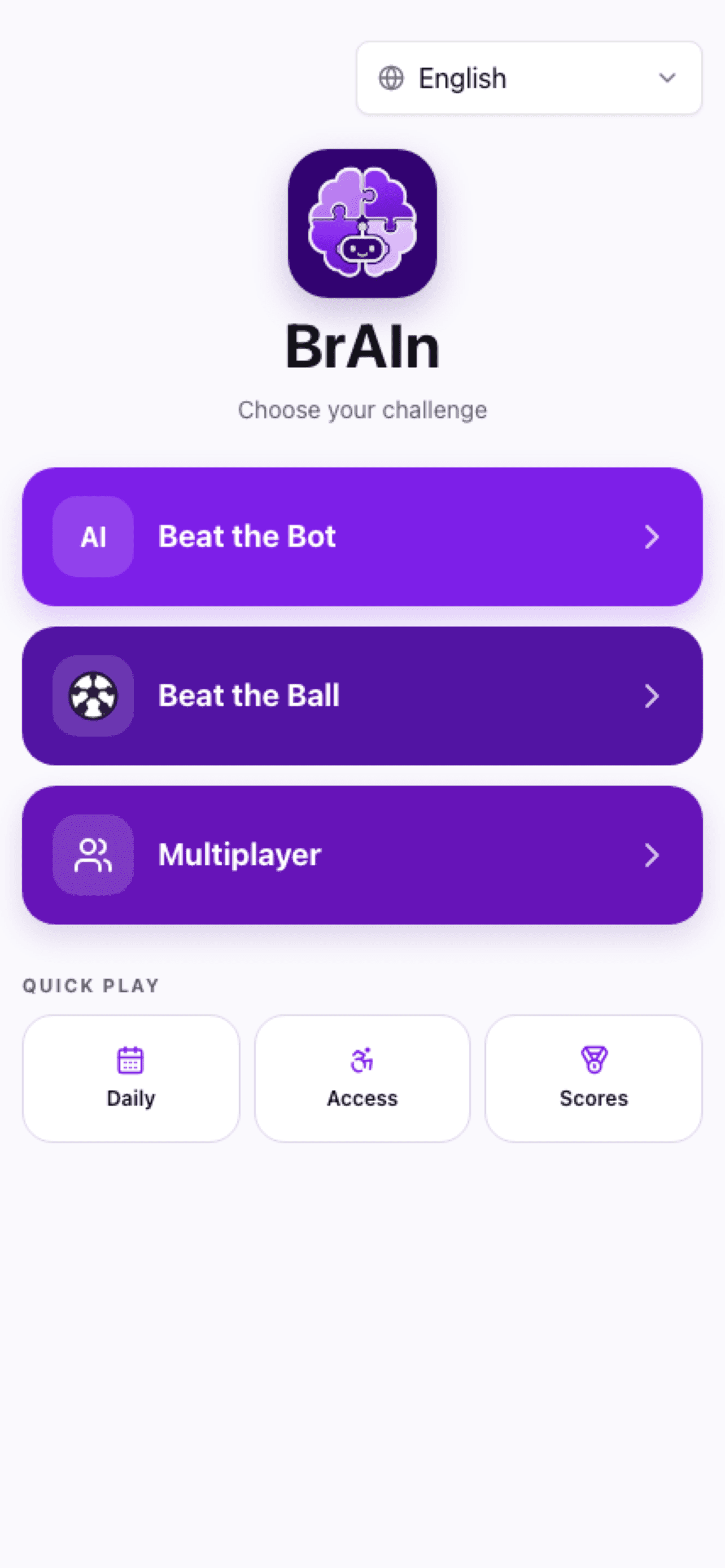 BrAIn Beat the Bot home screen on iPhone with Beat the Bot, Beat the Ball, and Multiplayer buttons.