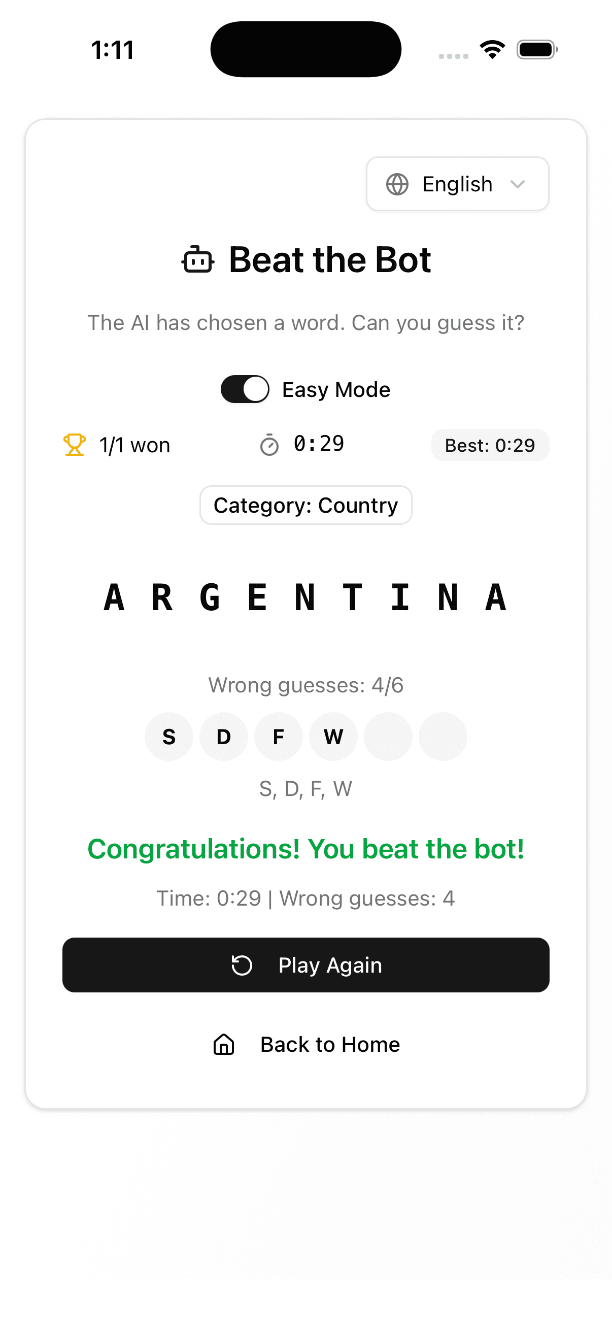 Brain Beat the Bot mode on mobile showing a completed round with the word Argentina.