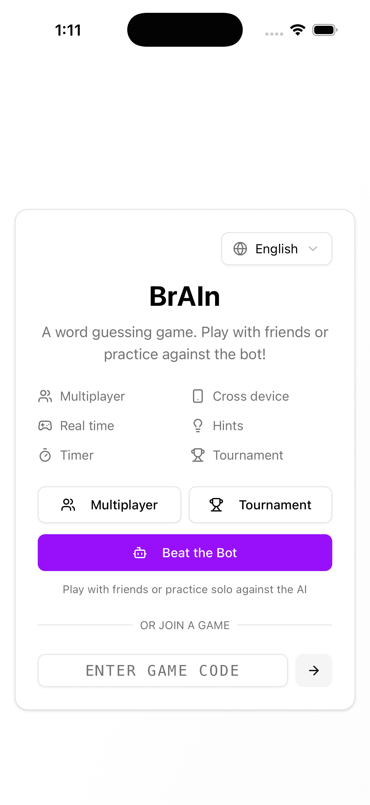 Brain home screen on mobile showing multiplayer, tournament, and Beat the Bot options.