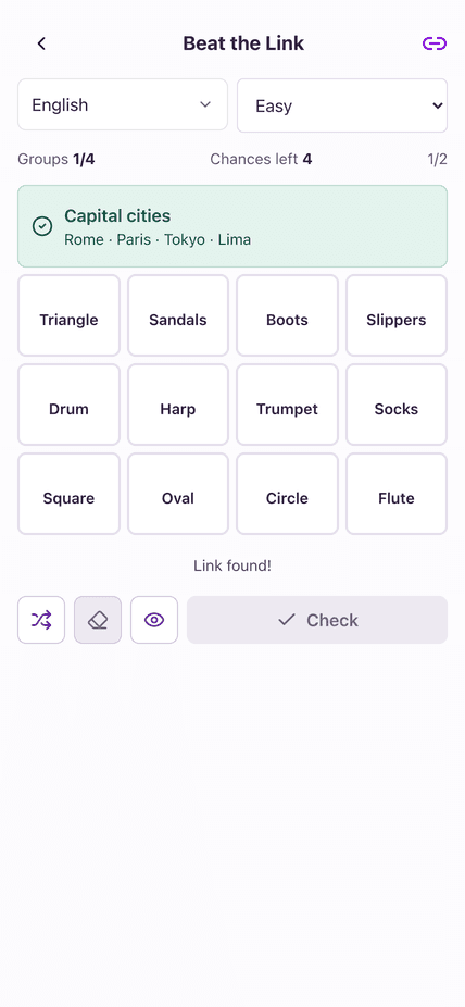 Select four related words in Beat the Link. Easy and Hard levels keep their own saved progress.