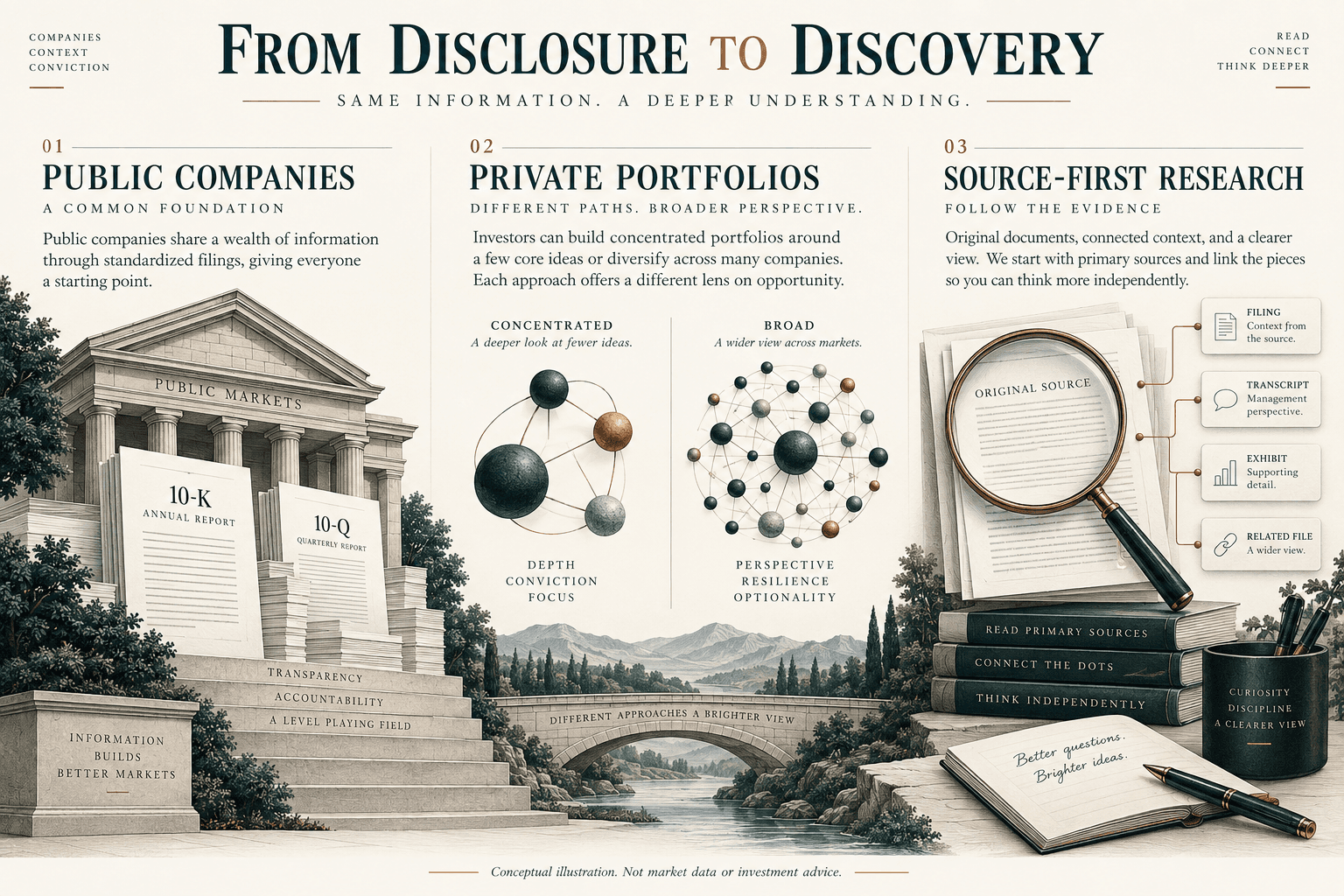 Conceptual guide connecting public-company filings, private portfolio structures, and source-first research.