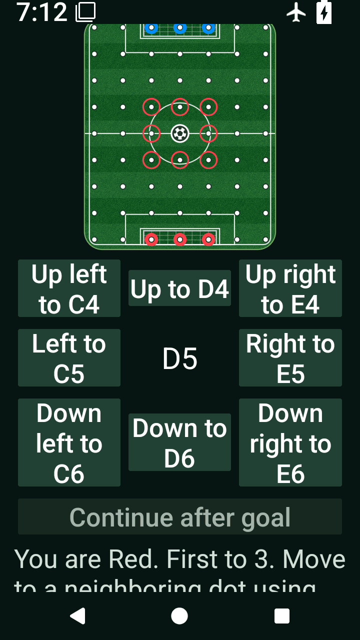 Scrolled Dotball Android large-text screen with eight direction buttons around coordinate D5, Continue after goal and the start of the instructions.