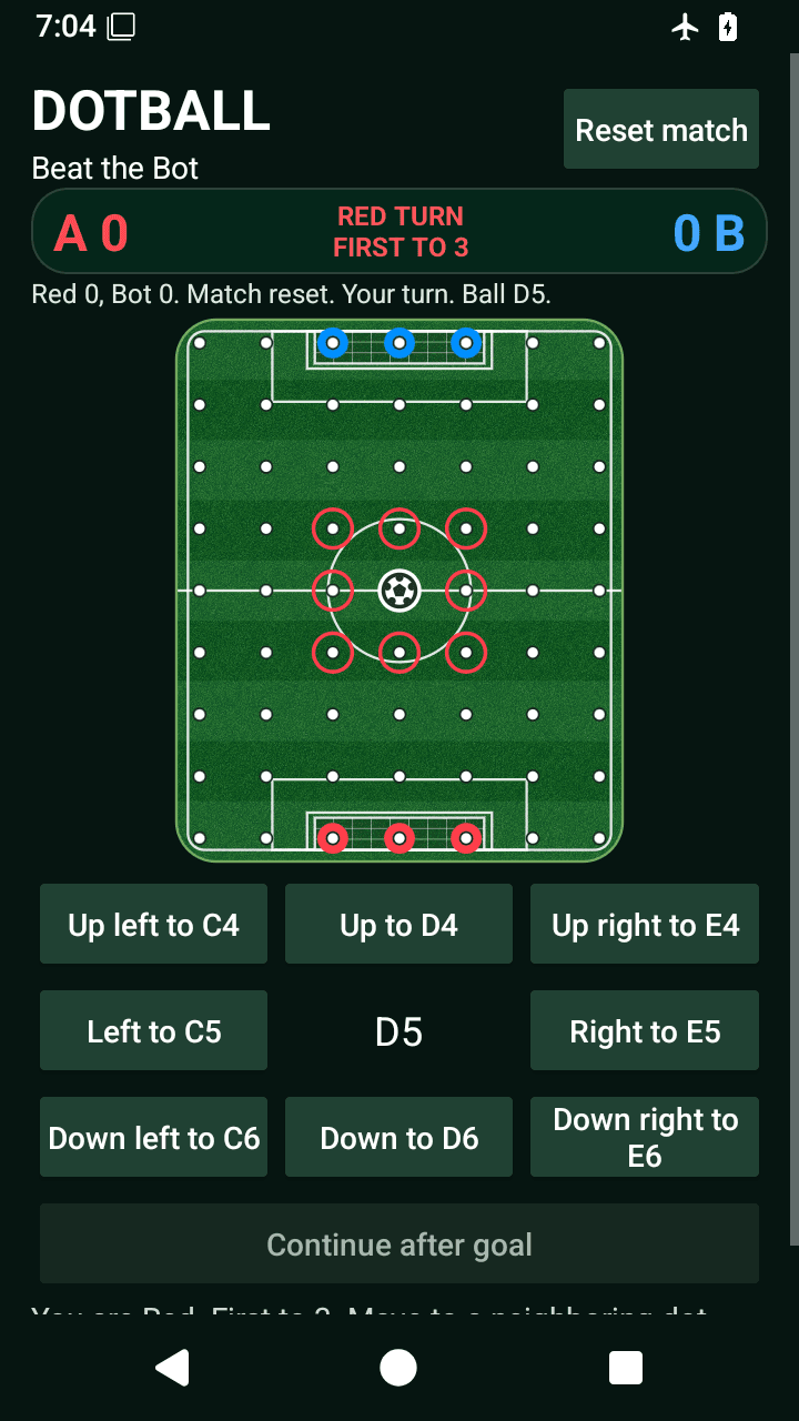 Dotball Android portrait screen: Red and Bot tied 0–0, the ball at D5 on a grass pitch, and eight labeled direction buttons below.