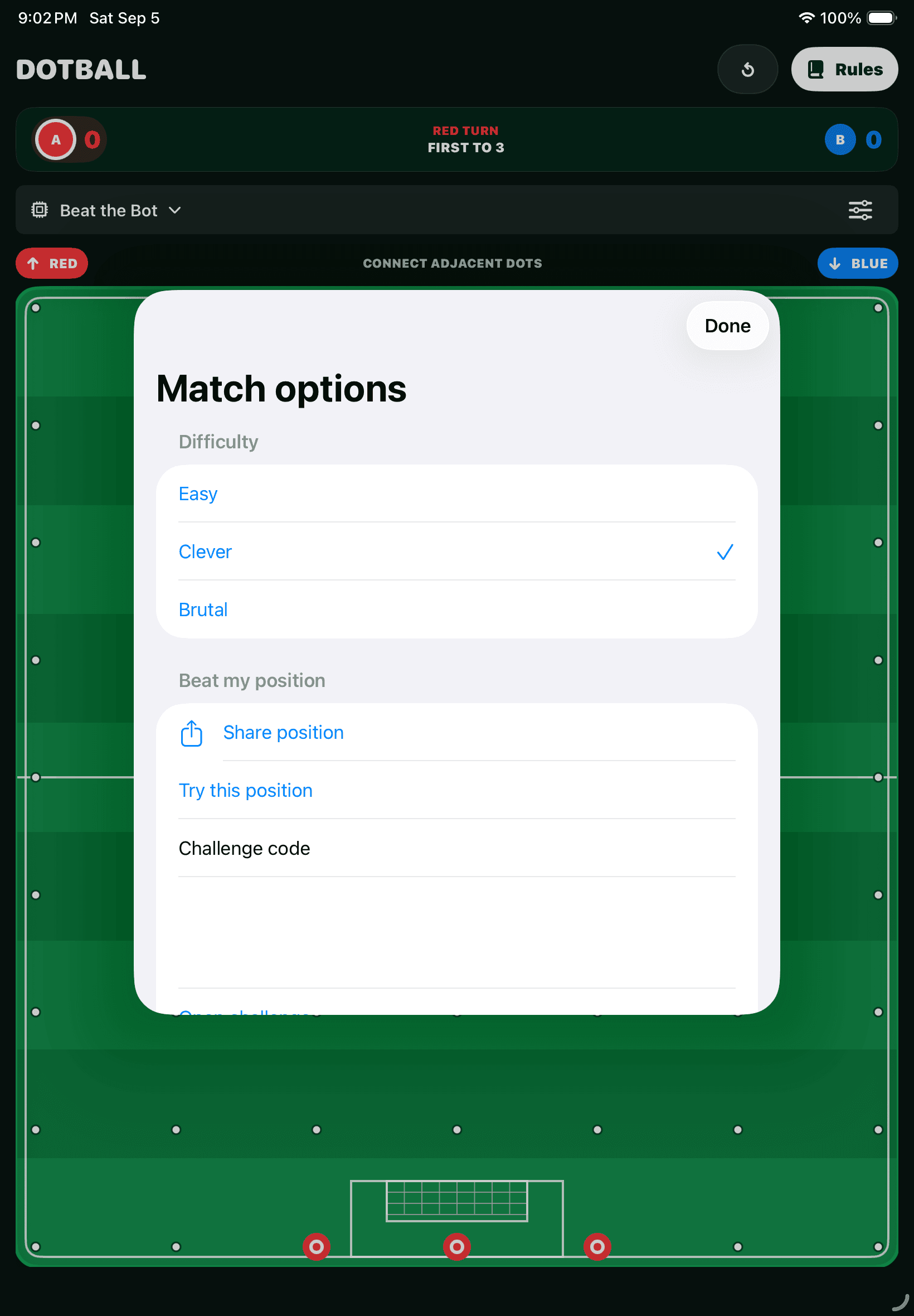 The latest match-options sheet brings difficulty and position-sharing controls together without crowding the field.