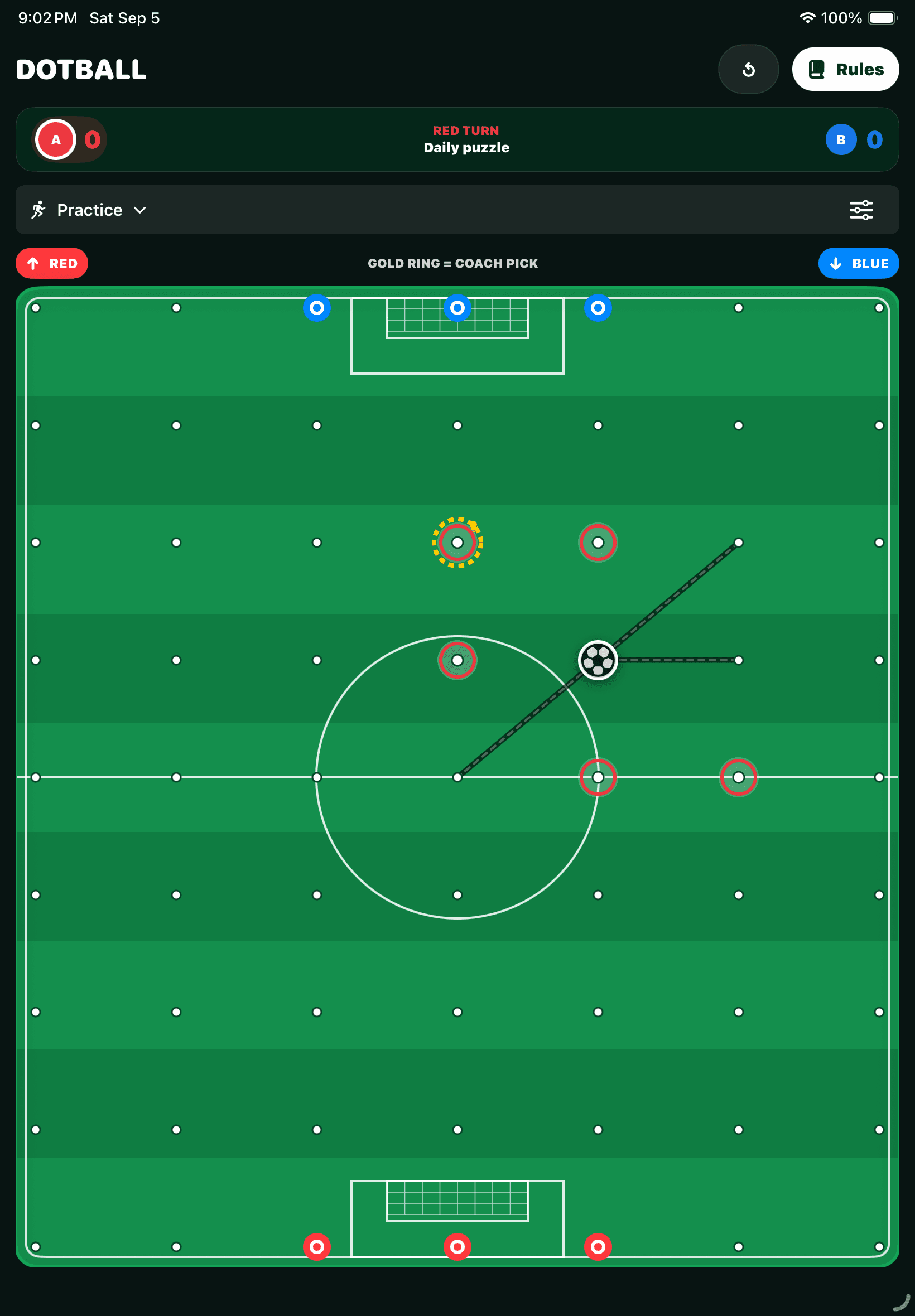 Latest Dotball practice screen with a dark scoreboard, striped green pitch, red and blue player tokens, and a gold coach-pick ring